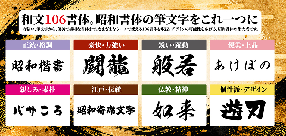 昭和書体全集の和文106書体。正統・格調、豪快・力強い、鋭い・躍動、優美・上品、親しみ・素朴、江戸・伝統、仏教・精神、個性派の8分類を筆文字で紹介